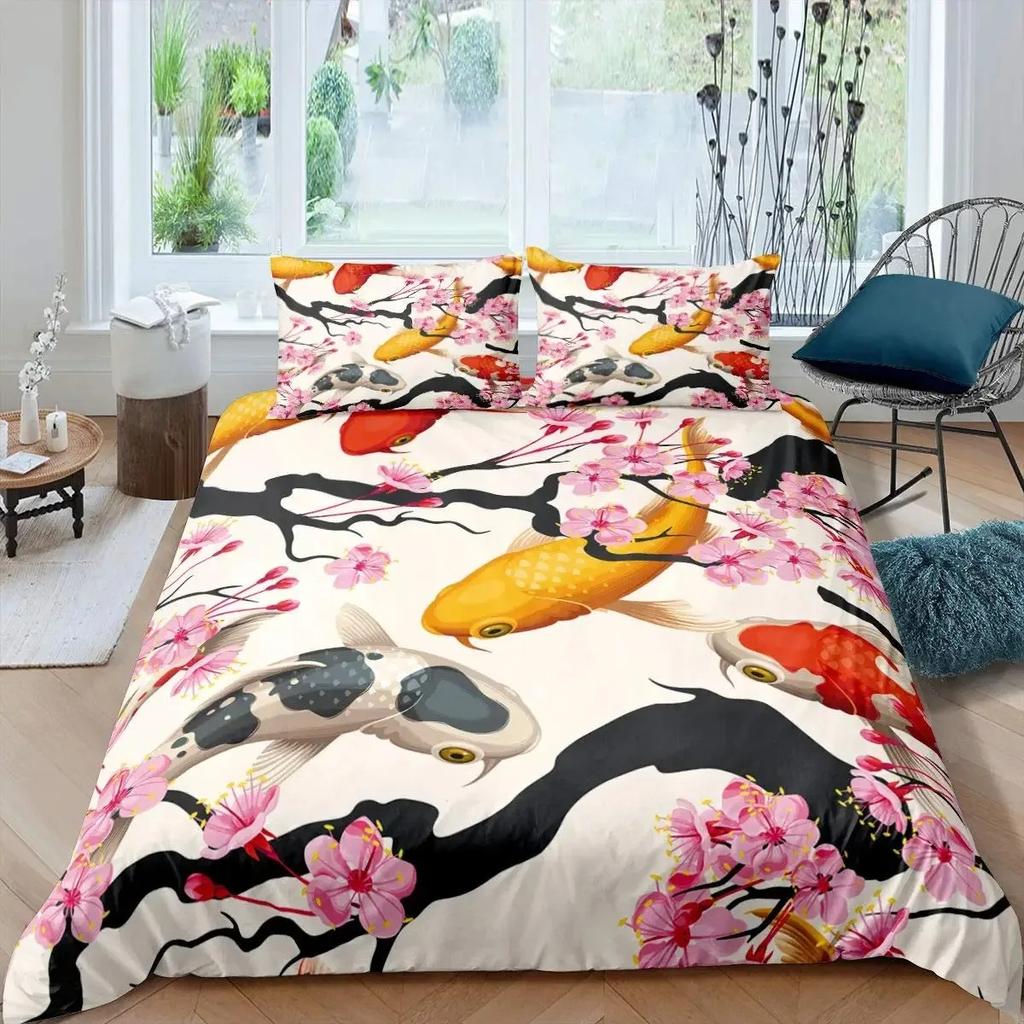 Koi Fish Duvet Cover Set King Size Oriental Asian Culture Lotus Bedding Set Microfiber Twin Cloud Quilt Cover For Girl Farmhouse