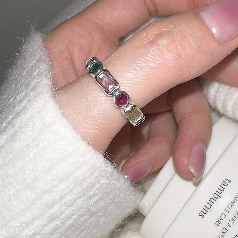 PANJBJ 925 Sterling Silver Multicolour Zircon Ring for Women Girl Fashion Sweet Versatile Jewelry Birthday Gift Dropshipping