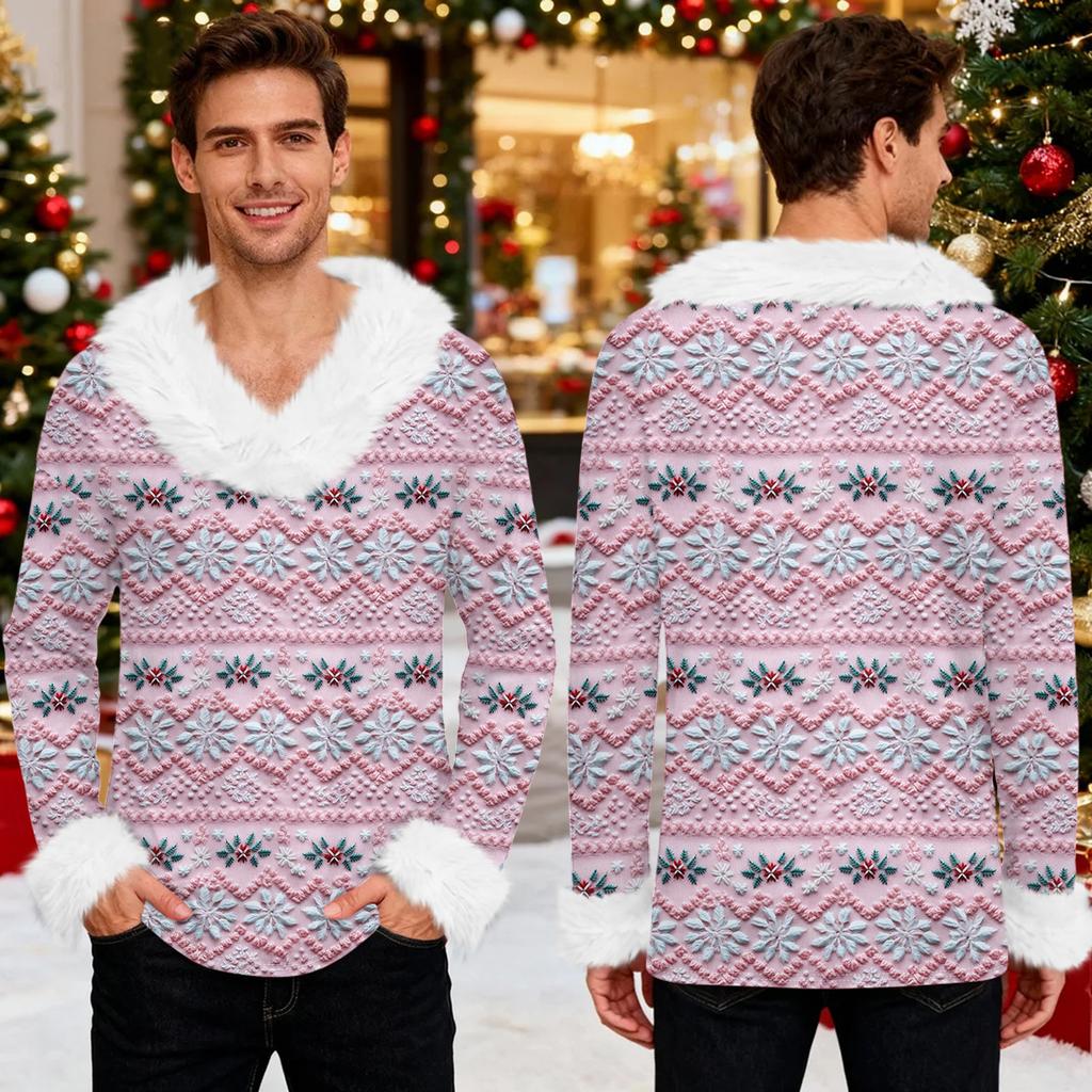 Męska bluza z kapturem z nadrukiem świątecznym, podszyta polarem | Sweter imprezowy z imitacją obszycia i kieszenią | Duży rozmiar, luźny krój, świąteczny pulower