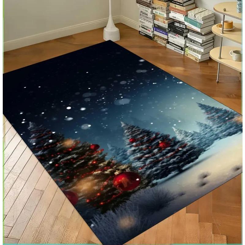 Winter Wonderland Rug, Christmas Tree Design Carpet for Festive Home Decor, Snowy Night Theme Floor Mat