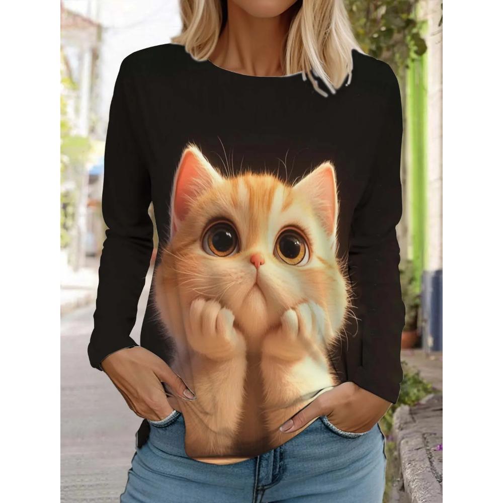 Söt Katt 3D Digitaltryckt Personlig Trendig Rundhalsad Långärmad T-shirt för Kvinnor