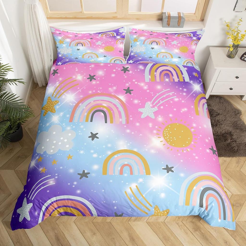 Rainbow Duvet Cover for Kids Girl Sweet Bedroom DecorQueen Tie Dye Pastel Comforter Cover Sparkle Galaxy Starry Sky Bedding Set