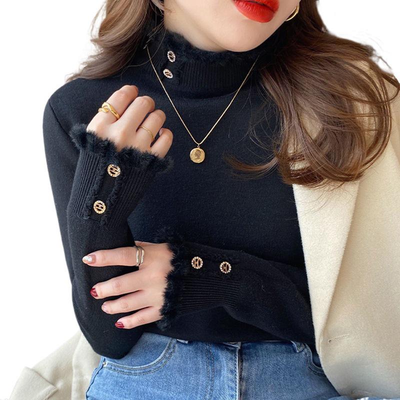 Women's Fleece-Lined Sweater: Thick, Fashionable, Warm Base Layer with Half-High Collar for Autumn/Winter.