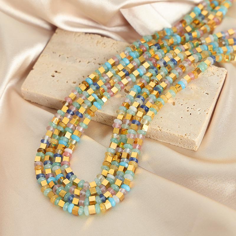 Bohemian Square Stone Beads Necklace, Handmade Women’s Titanium Steel Jewelry, Versatile Clavicle Chain for Girls