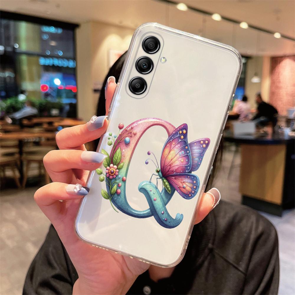 For Samsung Galaxy A54 A14 A34 A24 Blue Butterfly Flower Letters A-Z Couple Phone Case Transparent Clear Silicone Bumper Cover