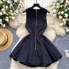 Summer V-neck Sleeveless Double Breasted Dress with Women's Niche Design High Waist A-line Vest Dress