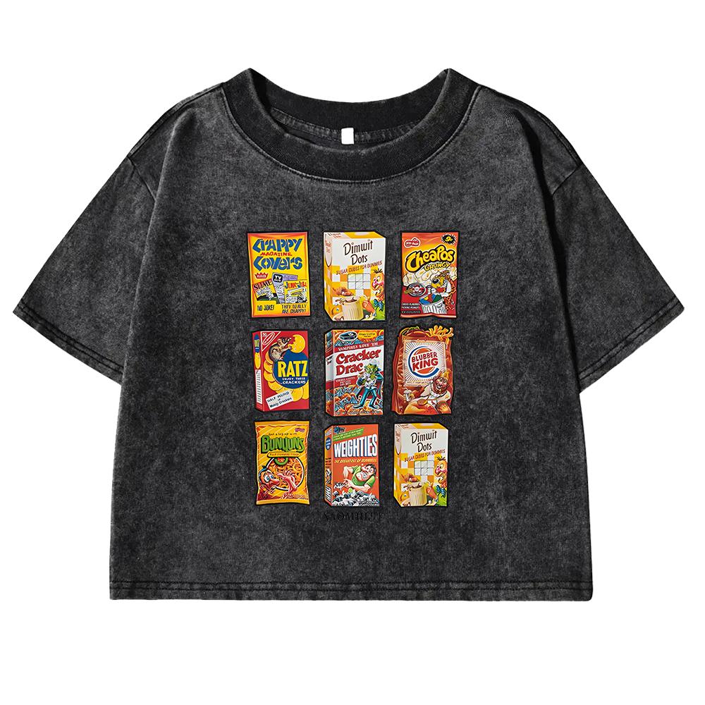 Retro Fun Snack Printing T-Shirt Female Washed Summer Tee Shirts Cotton Short Sleeve Slim Comfortable T Shirt For