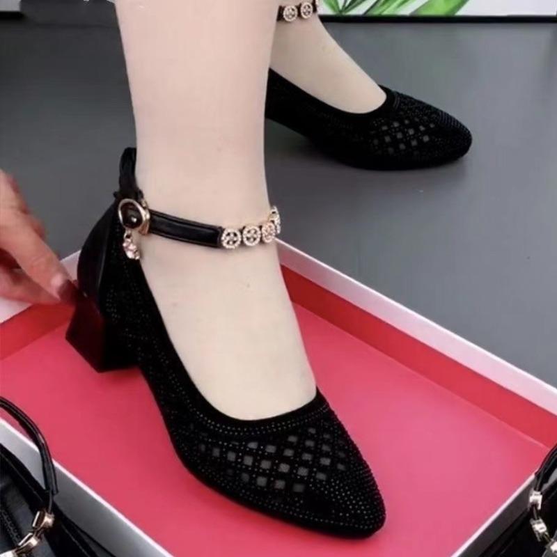 Women's Ankle Strap Heeled Shoes  Summer Retro Bling Breathable Single Shoes for Women Dress Office Shallow Ladies Pumps