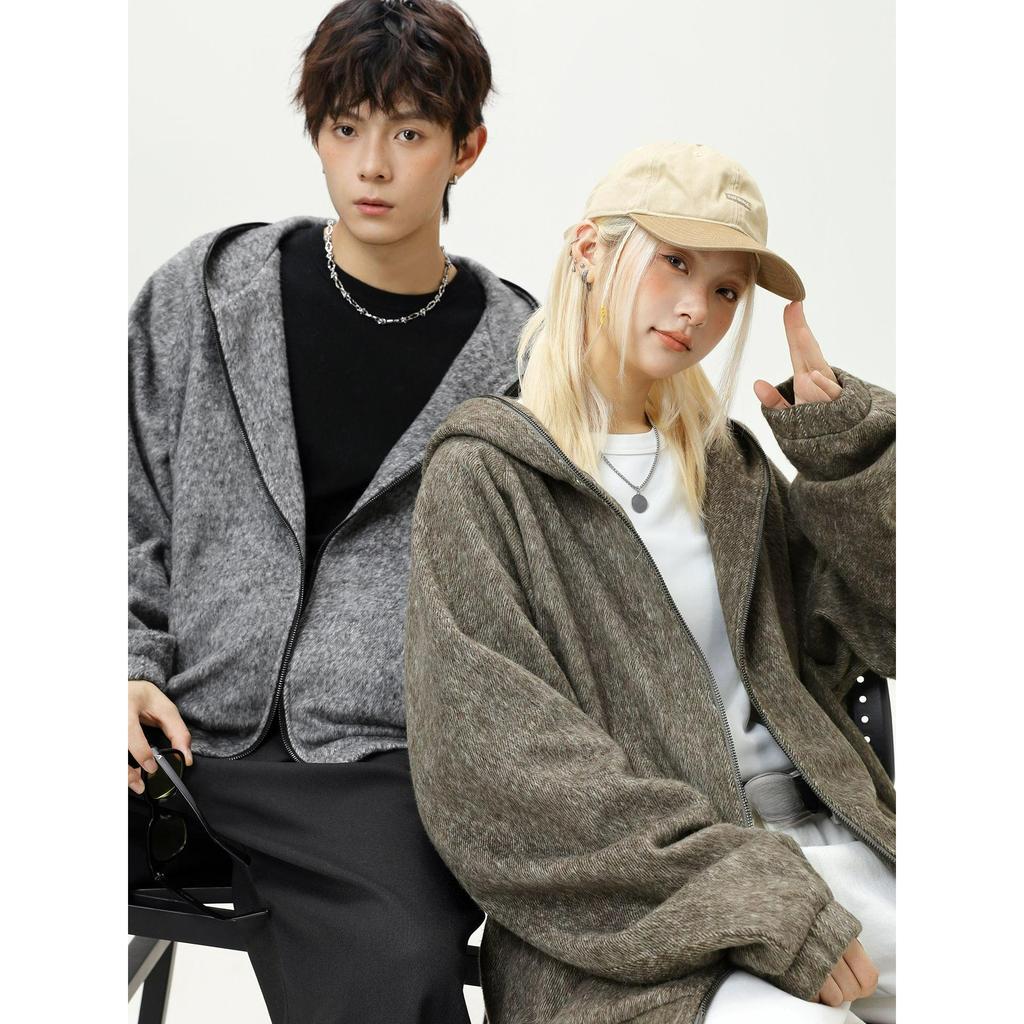 Textured Mohair Silhouette Hooded Jacket Couple Autumn and Winter Retro Lazy Style Thick Cardigan Sweater Jacket