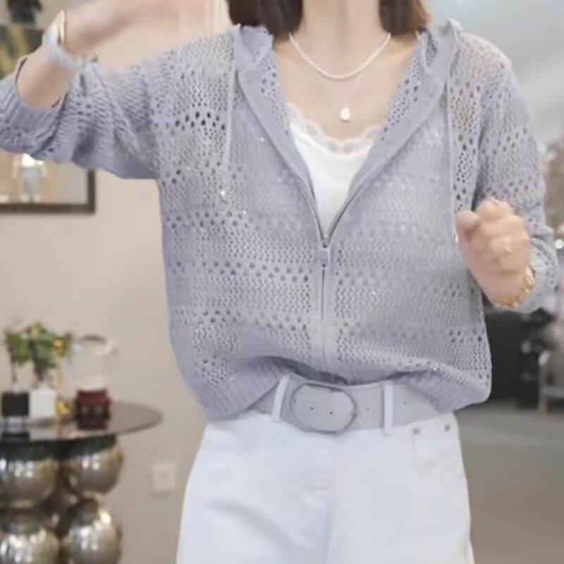 Hooded Openwork Zipper Knit Cardigan: Women's Casual Long Sleeve Sweater for Autumn & Spring
