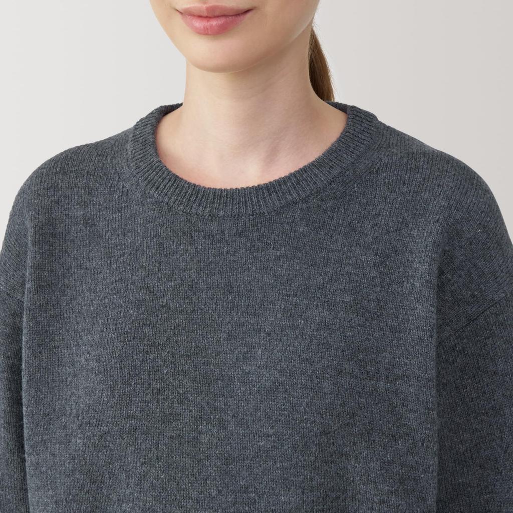 Pull Col Rond en Laine Lavable MUJI Charbon Taille L Femme Tricot Mi-Jauge, BA1P4A4A, Gris,