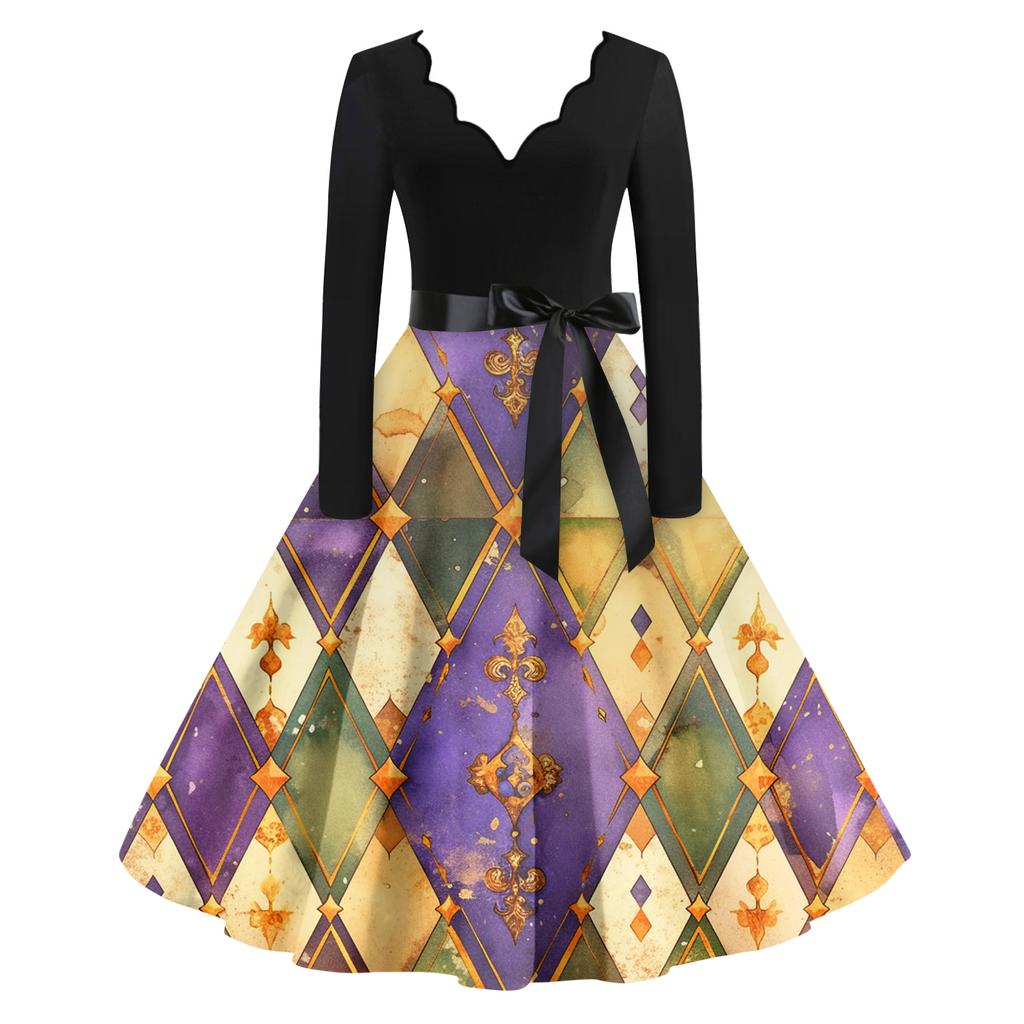 Women's Casual Fashion V Neck Long Sleeve Printed Vintage Long Dress