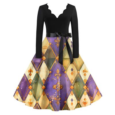Damska Codzienna Moda Dekolt V Długi Rękaw Drukowana Sukienka Długa w Stylu Vintage