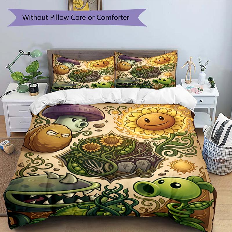 3pcs Duvet Cover Set (1*Duvet Cover + 2*Pillowcase, Without Core), Plants vs. Zombies Print Bedding Set, Bedroom Decor, All‑Season, Birthday Gift