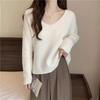 White Women's Retro V-neck Long-sleeve Knit Sweater - Loose, Trendy Autumn/Winter Base Layer