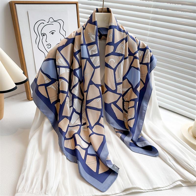 Striped Twill Silk Scarf: Large Square Shawl & Sunscreen Travel Headscarf - 90cm, Perfect for Spring & Autumn