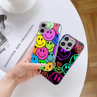 N151 Colour Faces Line Art Drawing Cute Smiley Phone Case for iPhone 16 Pro Samsung S24 A54 A35 Xiaomi Redmi Note 13 Plated Frame Tempered Glass Cover