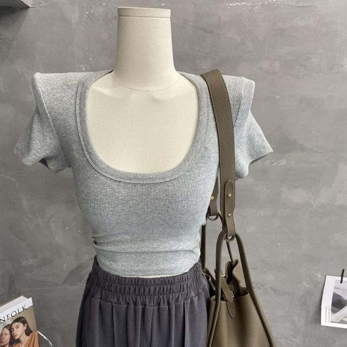 Women's Slim Fit U-Neck Short Sleeve Top - Trendy Low Cut Collarbone Style