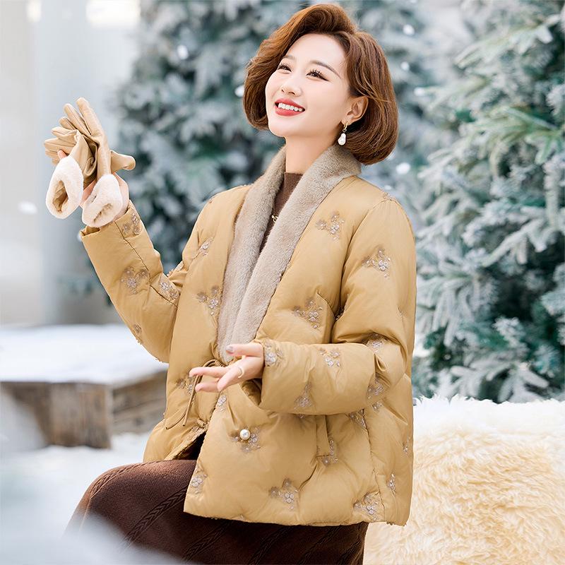 New Arrival: Embroidered Patchwork Down Jacket with Fur Collar for Middle-Aged & Elderly Mothers - Chinese Style Winter Outerwear