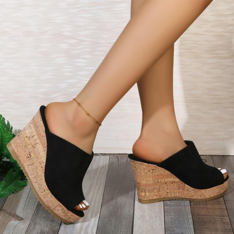 Women's Summer Wedge Thick-Soled Suede Peep-Toe Slide Sandals, Fashionable Casual Footwear, Available In Large Sizes.