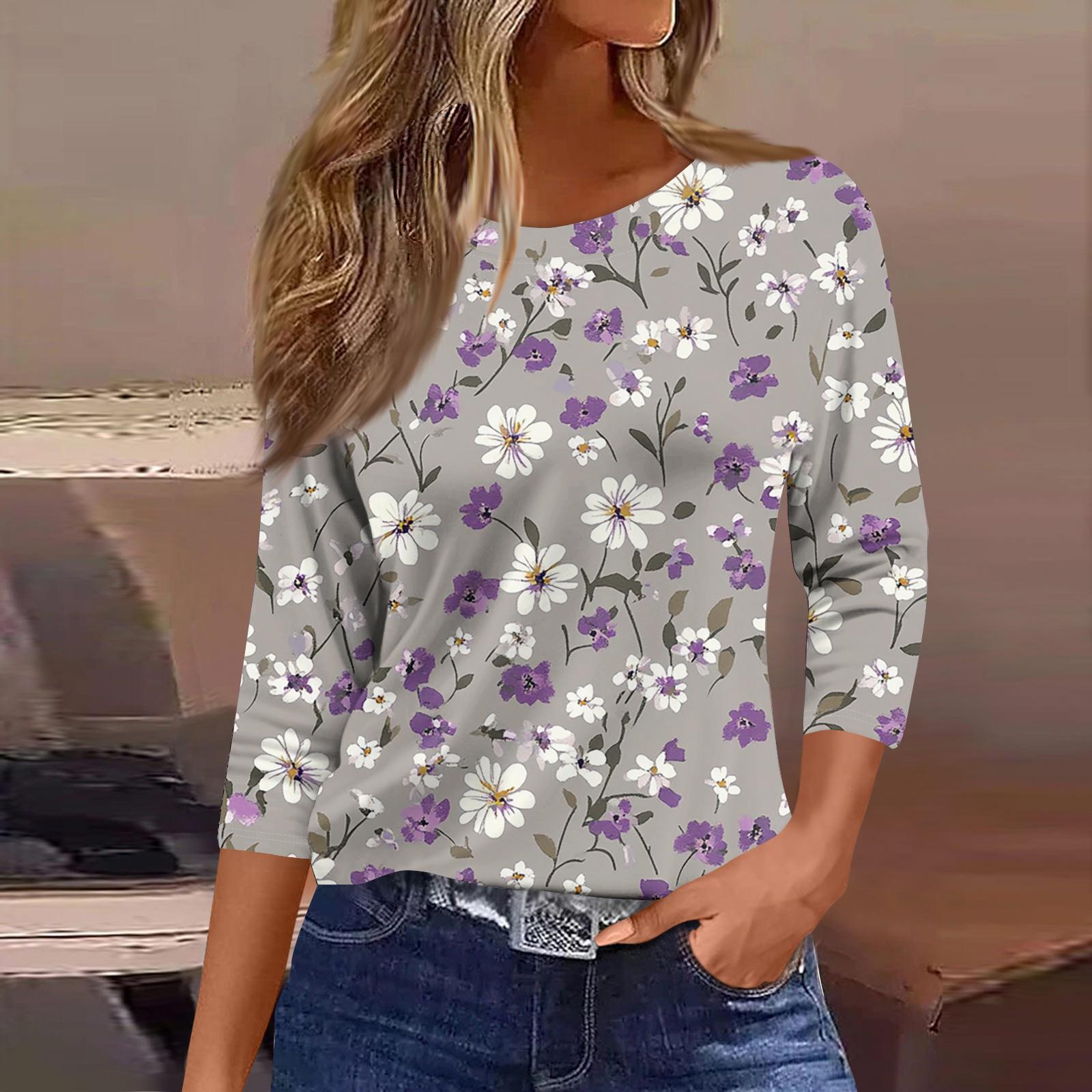 

Жіноча модна повсякденна футболка з круглим вирізом, квітковим принтом та рукавами три чверті XXXL