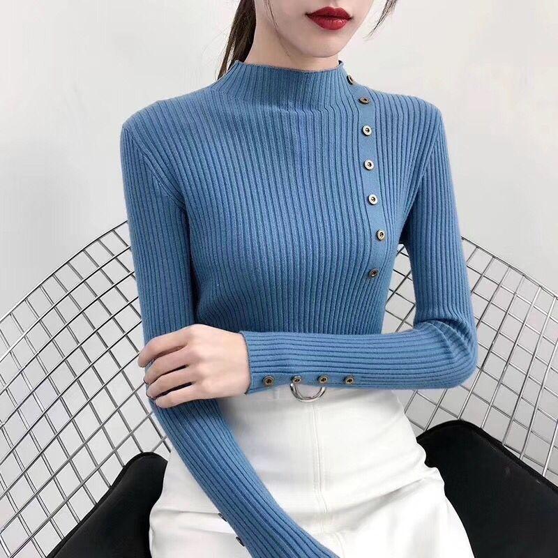 2020 frauen Herbst Gestrickte Pullover Solide Strickte Weibliche Baumwolle Weiche Elastische Farbe Pullover Taste Volle Hülse Rollkragen
