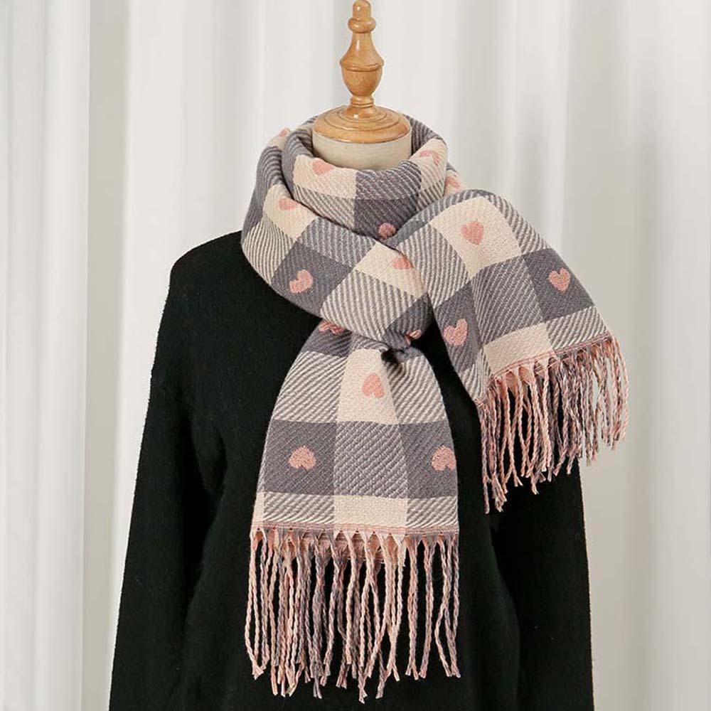 Warmer Plaid Knitted Scarf Long Tassel Shawl Gifts Heart Thickened Scarf  Winter
