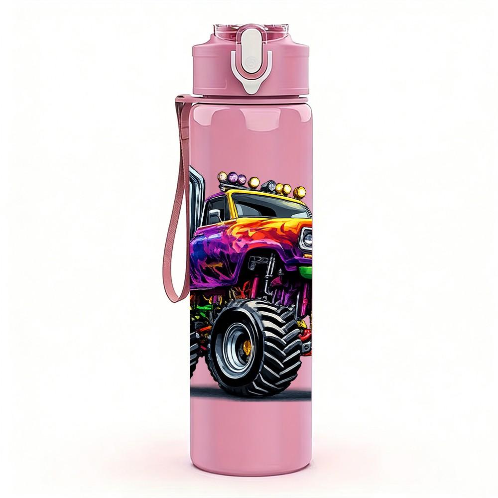 1PC Purple Fire Monster Truck Print 750ml Color Plastic Sports Water Bottle Leakproof Flip Straw Lid Suitable for Sports Office Home Use