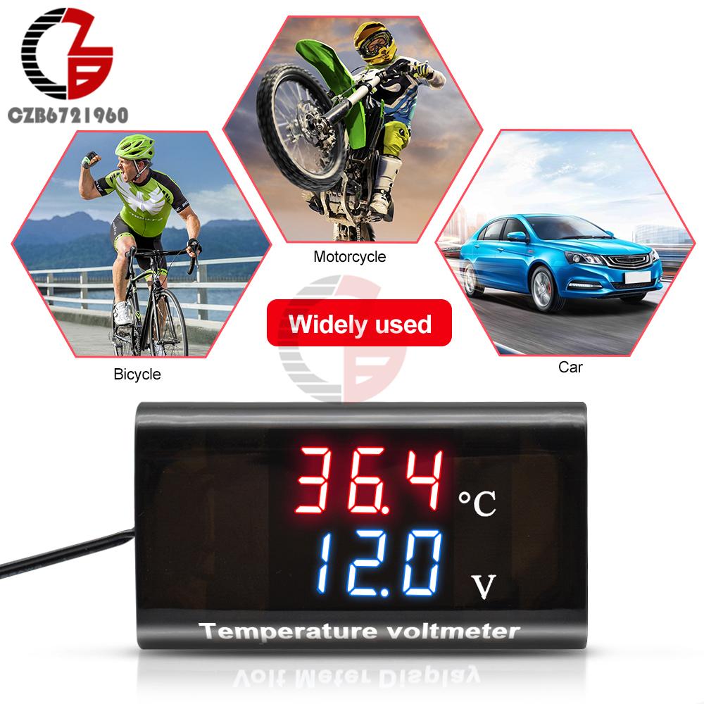 DC 12V Digitaler Temperatur-Voltmeter-Messgerät IPX6 Wasserdicht für Boot Motorrad 0,28 Zoll LED-Anzeige Volt Spannungsmesser Batterie
