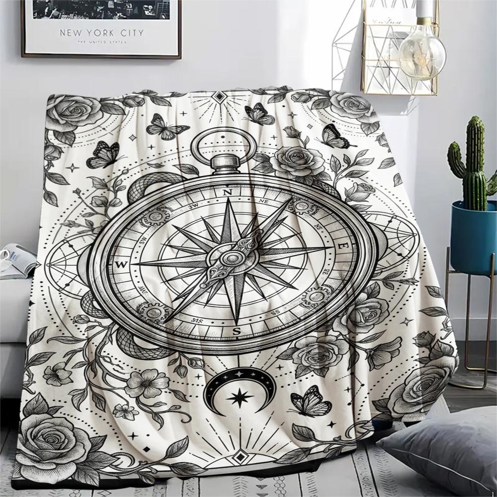 1Pc Compass Print Flannel Blanket, High Quality Comfortable for All Seasons, Home Decor, Warmth and Comfort, Perfect for Christmas Gifts W167