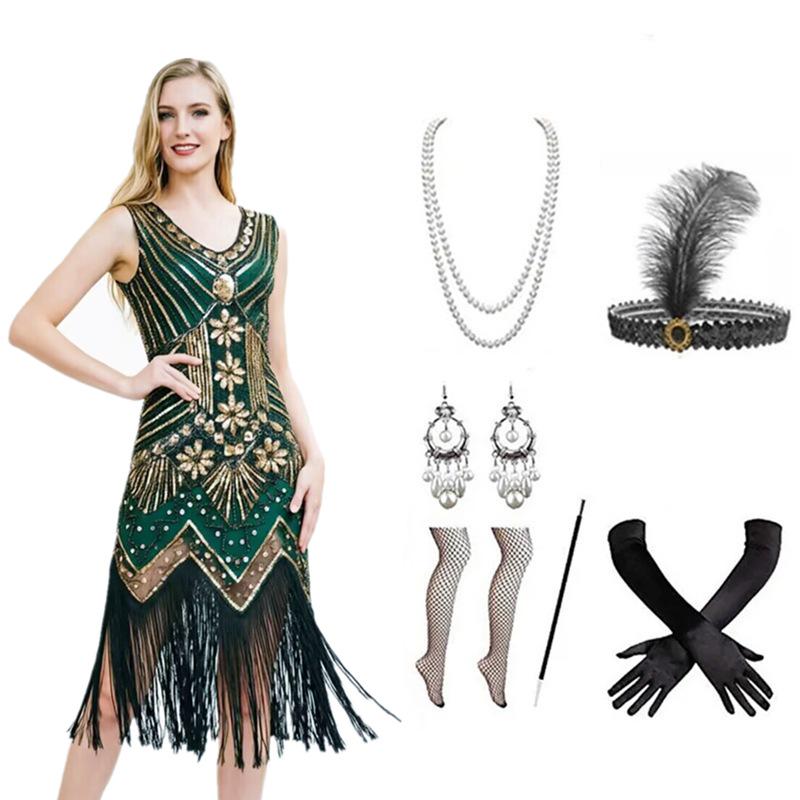 Abito Anni '20 Ispirato a Gatsby con Perline, Paillettes e Frange - Stile Retro da Sera per Donna