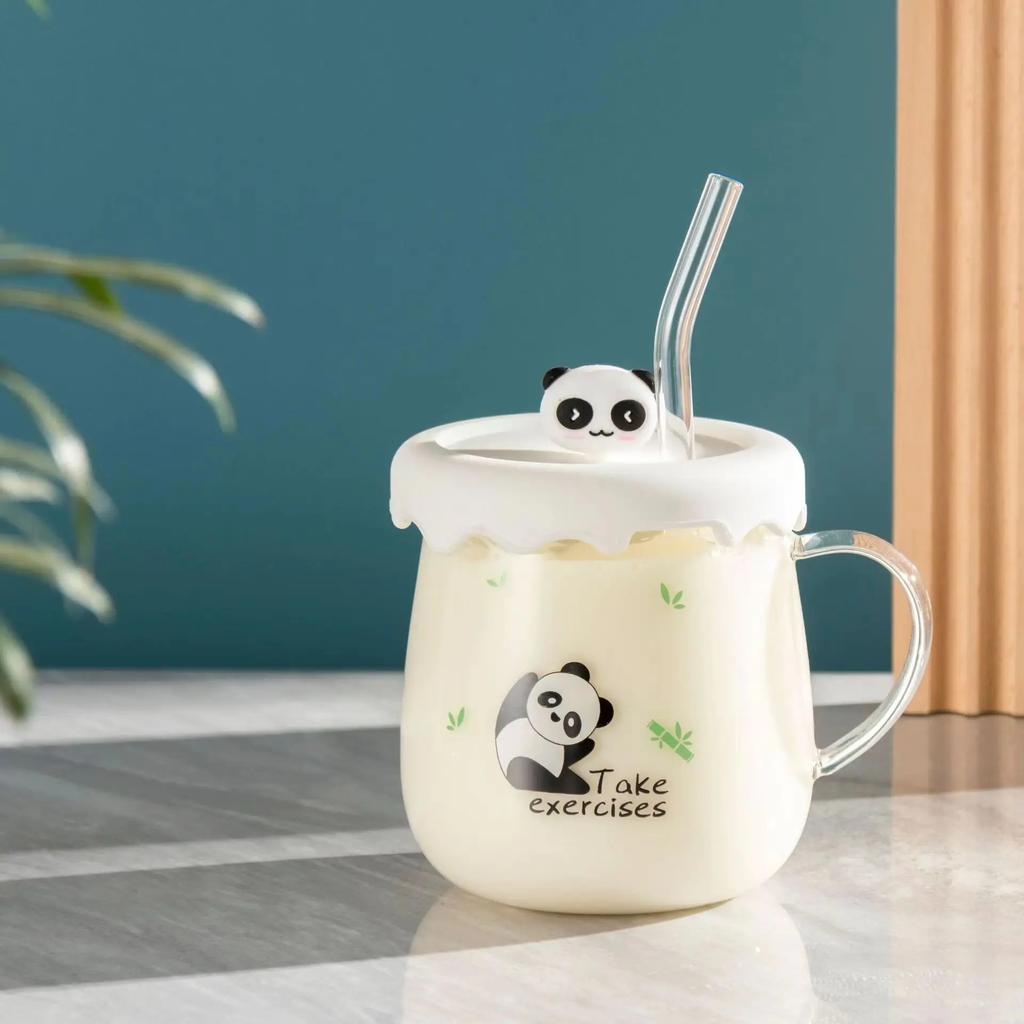 Kawaii Cups Cute Panda Glass Cup With Straw Cap Spoon Coffee Breakfast Cup Beer Mug Cups and Mugs Free Shipping Drinking Glasses
