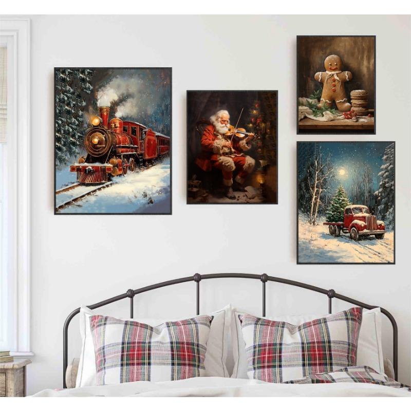 Vintage Winter Christmas Gingerbread Santa Christmas Tree Posters Prints Canvas Painting Wall Art Picture Living Room Home Decor