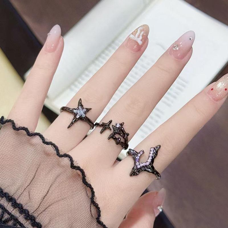 Dark Tide Cool Personality Full Diamond Zircon Irregular Star Opening Ring Niche Premium Sense Stacked Index Finger Ring Female
