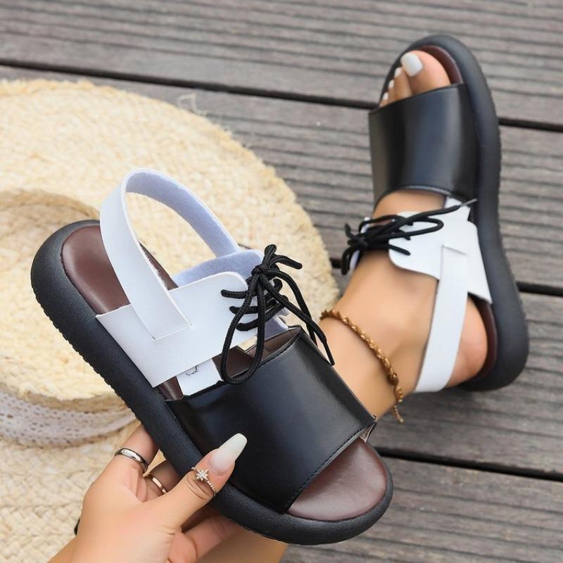 Große Größe flacher Boden Schnürsandalen Damen Sommer neue Farbabstimmung Sandalen Sportsandalen Damen