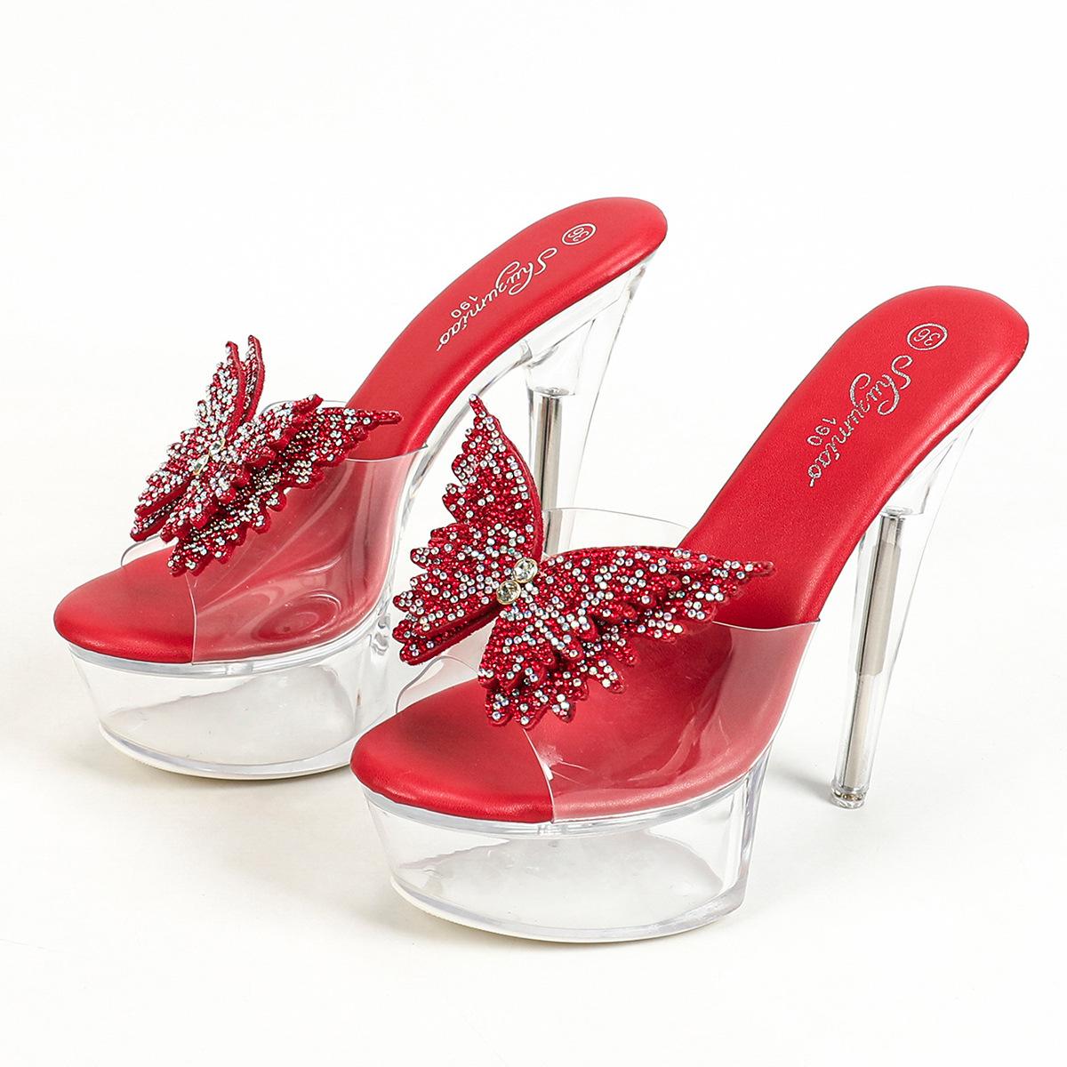 

Фестивальные прозрачные туфли на супервысоком тонком каблуке, летние женские водонепроницаемые туфли-таблетки со стразами, сексуальные туфельки феи 43 красный
