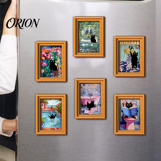 Cat Pattern Magnet Decor Oil Painting Refrigerator Magnet, Wooden Frame Black Decorative Fridge Magnets Theme Retro Rectangle Magnetic Decoration
