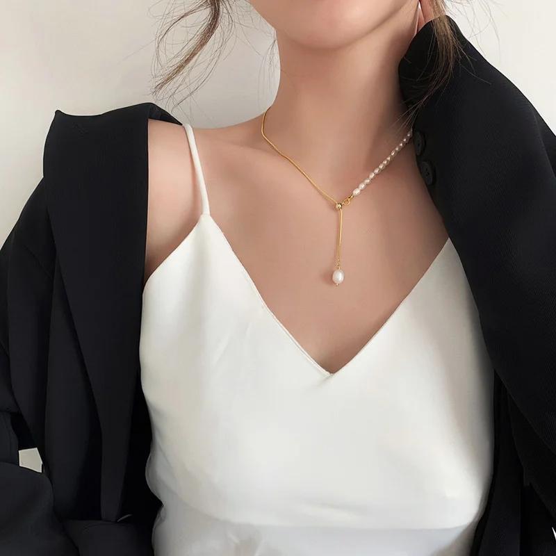 French Vintage Baroque Freshwater Pearl Long Tassel Necklace Women Gold Plated Copper Snake Chain Asymmetry Choker