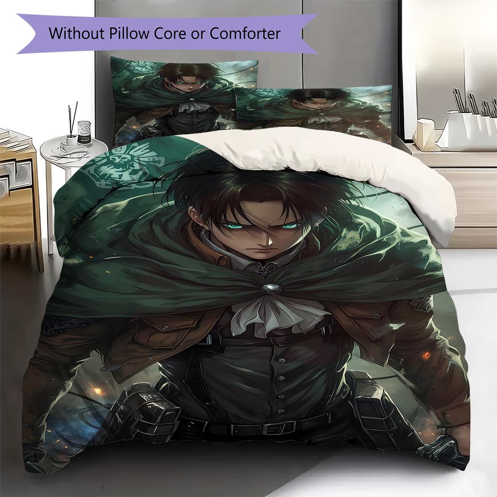 Pościel z motywem Attack on Titan, Zestaw kołdry Poszewka na kołdrę Poszewka na poduszkę Domowy prezent urodzinowy (1 * poszwa na kołdrę + 2 * poszewki na poduszki, bez rdzenia)