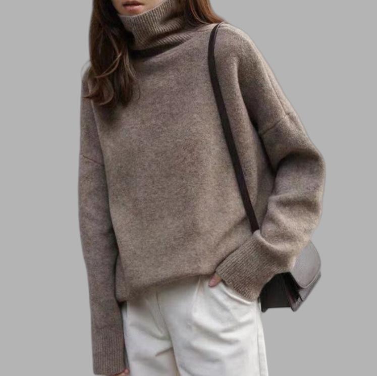 European-Style High-Neck Sweater: Women's Loose Knit Coffee Pullover, Versatile Autumn/Winter Base Layer