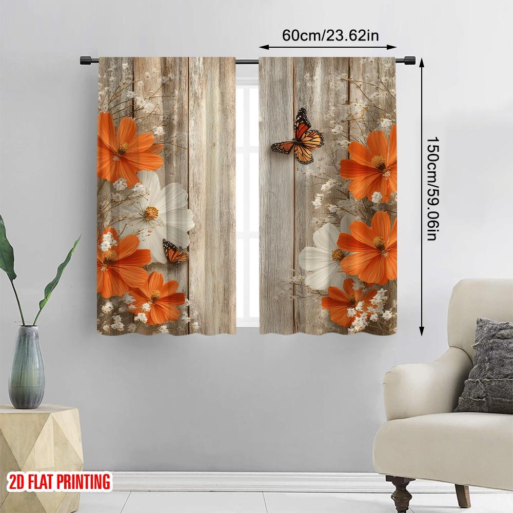 2D Flachdruck 2 Stück Fenstervorhänge Orange Schmetterlinge Weiße Blumen Bordüre Polyester Ohne Strom Familienfeier für