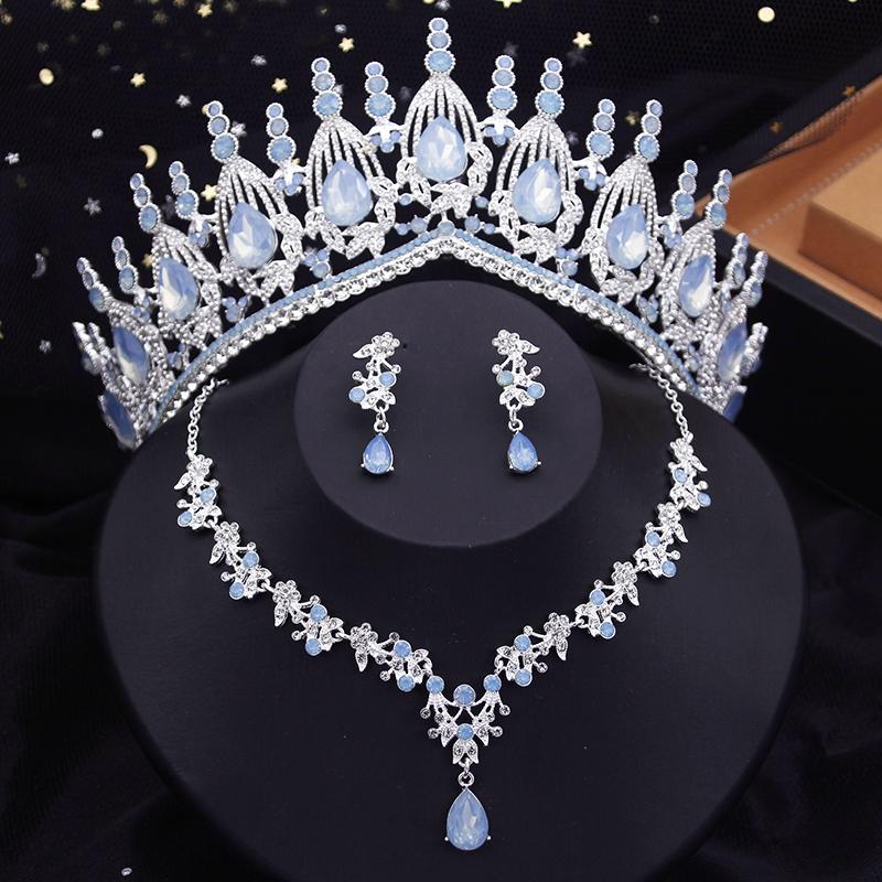 Blue Crown Bridal Jewelry Sets for Women Opal Tiara Necklace Earrings Sets Prom Wedding Bride Jewelry Costume Accessories