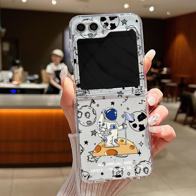 Cartoon Astronaut Pattern Phone Case For Samsung Galaxy Z Flip 6 5 4 3 5G Flip6 Flip5 Flip4 Metal Buckle Folding Silicone Cover