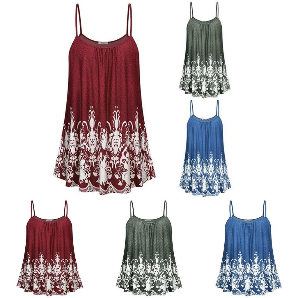 Elegant Women Print Loose Casual Summer Pleated Flowy Sleeveless Camisole Tank Tops