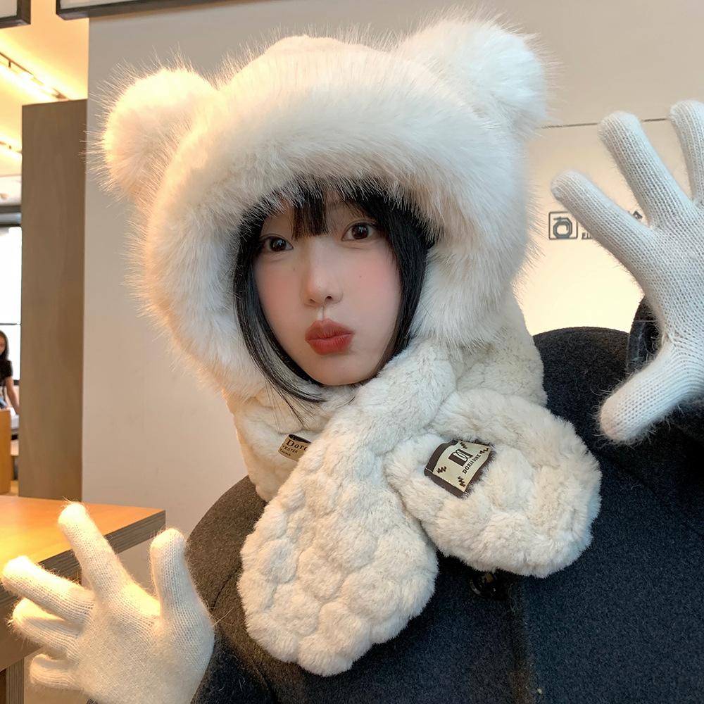 Bear Plush Hat Scarf Integrated Female Autumn and Winter Korean Version Shows a Small and Versatile Face Thickened Warm Ear Protection Lei Feng Hat