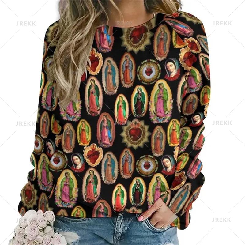 Vintage 3D tisk Německý Diego De Guadalupe Mikiny Panny Marie Pro ženy Unisex Móda Streetwear Mikiny s kulatým výstřihem Top