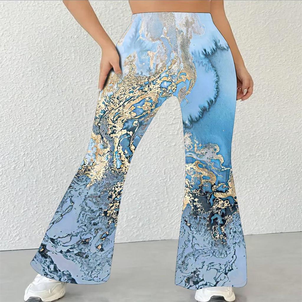 Women's Casual High Waist Flare Pants, Marble Print Streetwear Bell Bottom Trousers