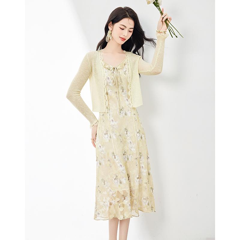 French Slimming Knitted Cardigan+romantic Printed Dress Two-piece Set