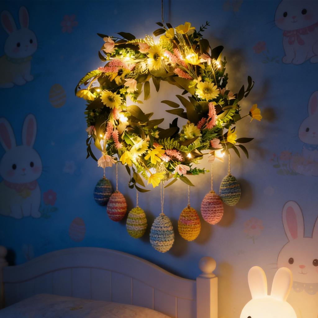 3D 45cm Easter Simulation  Olive Leaf Vine Wreath, Artificial Flower Glowing Home Decor Wall Hanging