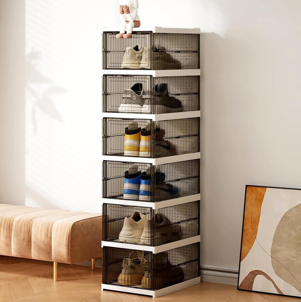 Drop Front Foldable Shoe Rack Collapsible Storage Box Stackable Plastic Bin Tote With Free Standing Shoe Shelf Cabinet With Lid